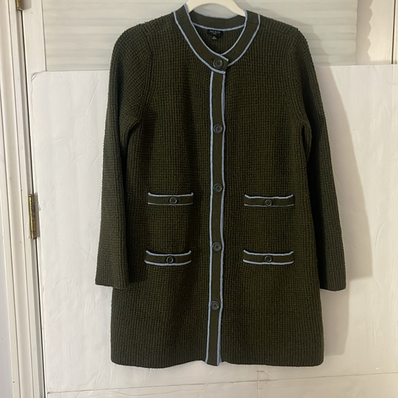 Talbots tipped textured cardigan sweater. Tuscan olive & blue sky. Size Mp NWT - Picture 2 of 15